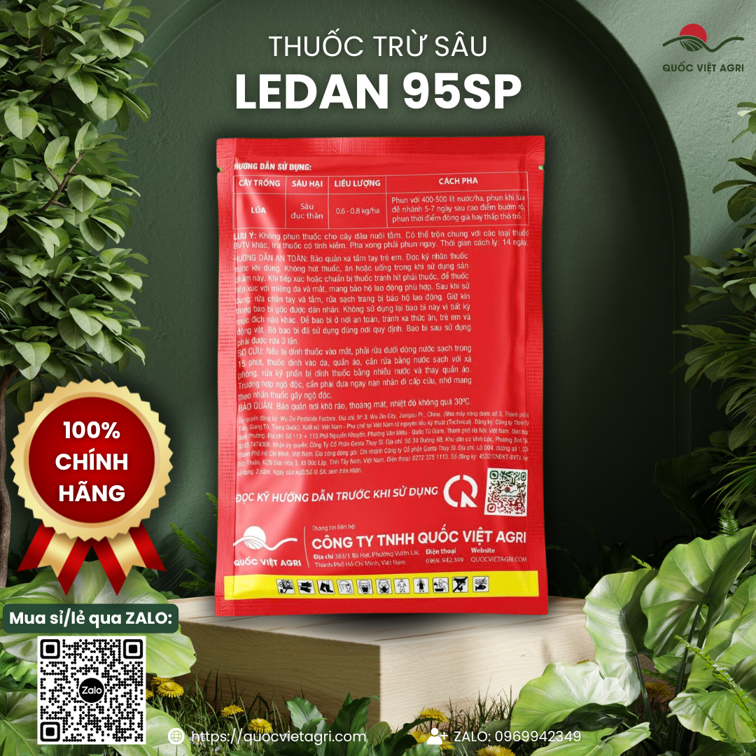 Mặt sau gói LEDAN 95SP 100g - hướng dẫn sử dụng, liều lượng 0,6-0,8 kg/ha và thời gian cách ly