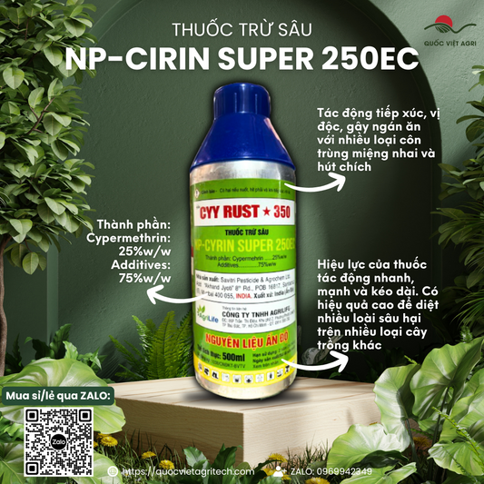 Mặt trước chai thuốc trừ sâu NP-CYRIN SUPER 250EC 500ml, nhãn hiệu rõ ràng, nguyên liệu Ấn Độ, phân phối bởi Quốc Việt Agri.