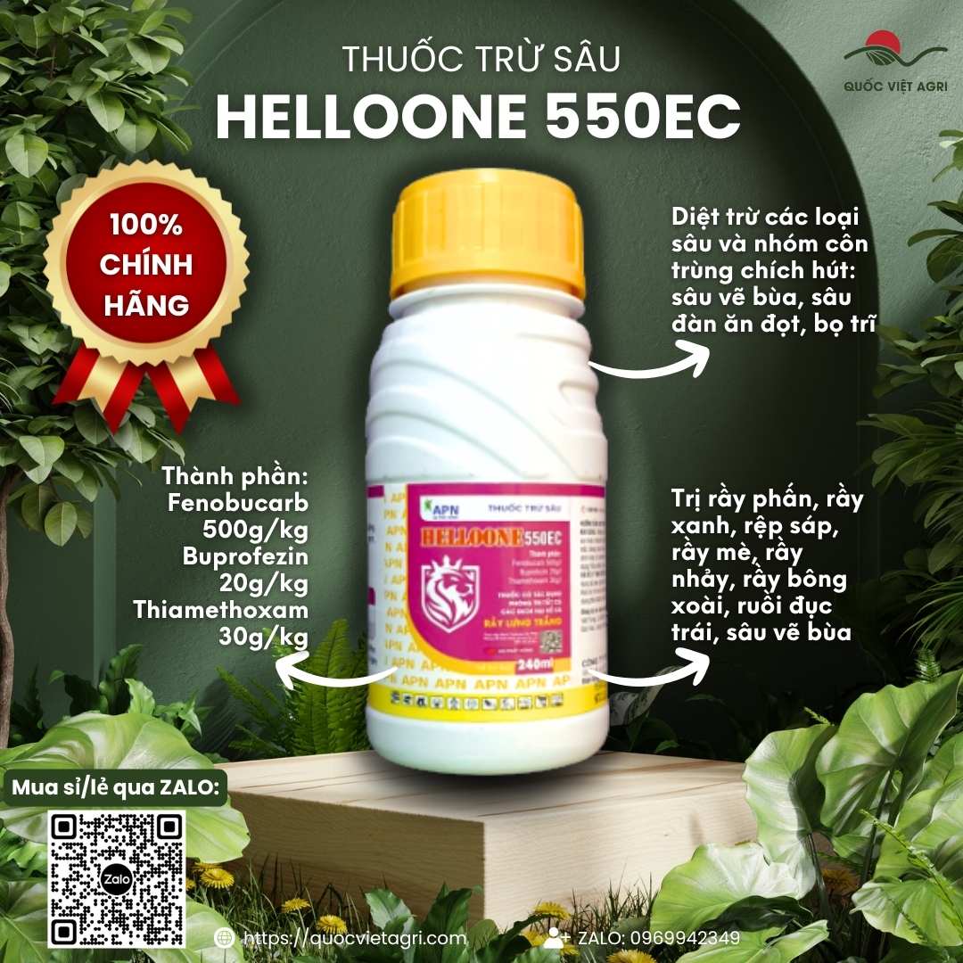 Mặt trước chai thuốc trừ sâu Hello One 550EC 480ml, chuyên dùng để đặc trị ruồi vàng, rệp sáp, sản phẩm chính hãng An Phát Nông.

