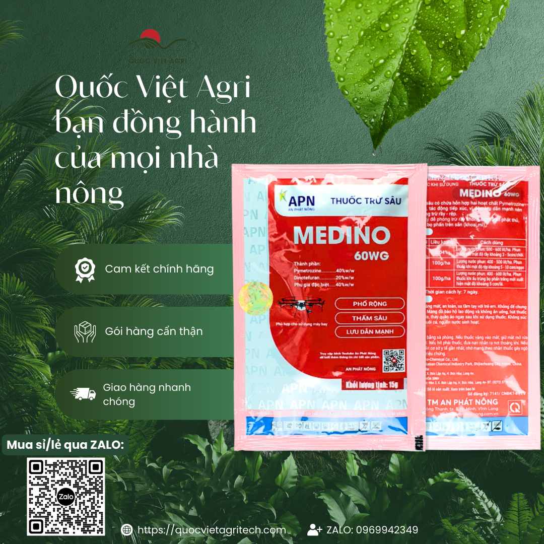 Hình ảnh tổng quan sản phẩm thuốc trừ sâu Medino 60WG 15g, giải pháp đặc trị côn trùng chích hút cho lúa, cây ăn trái từ Quốc Việt Agri.

