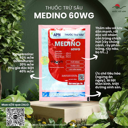 Mặt trước gói thuốc trừ sâu Medino 60WG 15g, chuyên dùng để đặc trị rầy chổng cánh, rầy nâu, sản phẩm chính hãng của An Phát Nông.

