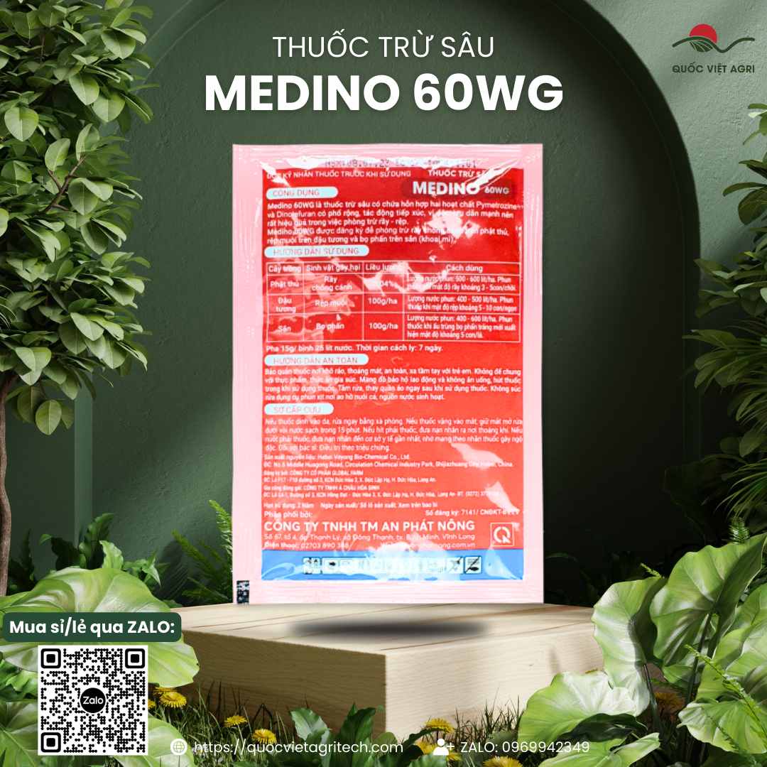 Mặt sau gói thuốc trừ sâu Medino 60WG 15g với thông tin thành phần hoạt chất Pymetrozine, Dinotefuran và hướng dẫn sử dụng chi tiết.

