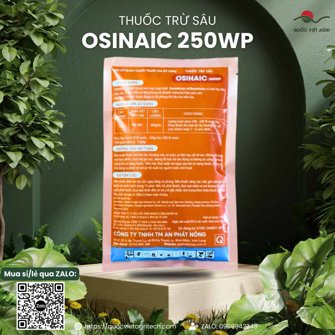 Mặt sau gói thuốc trừ sâu Osinaic 250WP 100g với thông tin thành phần hoạt chất Dinotefuran, Buprofezin và hướng dẫn sử dụng chi tiết.