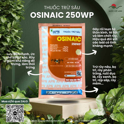 Mặt trước gói thuốc trừ sâu Osinaic 250WP 100g, chuyên dùng để đặc trị rầy nâu, rệp sáp, sản phẩm chính hãng của An Phát Nông.