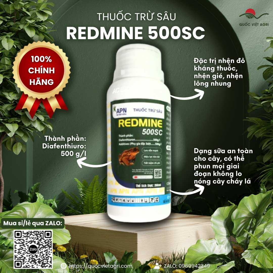 Mặt trước chai thuốc trừ nhện Redmine 500SC 200ml, chuyên dùng để đặc trị nhện đỏ kháng thuốc, sản phẩm chính hãng của Quốc Việt Agri.