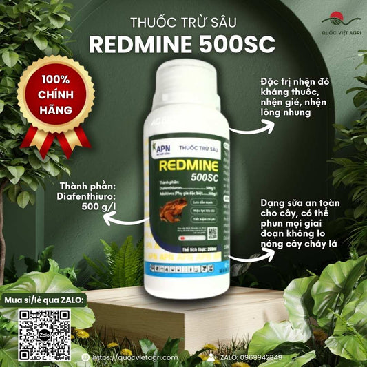 Mặt trước chai thuốc trừ nhện Redmine 500SC 200ml, chuyên dùng để đặc trị nhện đỏ kháng thuốc, sản phẩm chính hãng của Quốc Việt Agri.