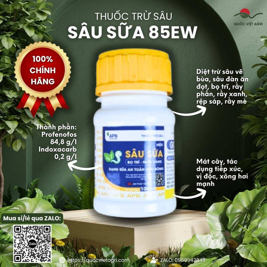 Mặt trước chai thuốc trừ sâu Sâu Sữa 85EW 100ml, chuyên dùng để diệt rầy rệp, dạng sữa mát cây, sản phẩm chính hãng An Phát Nông.


