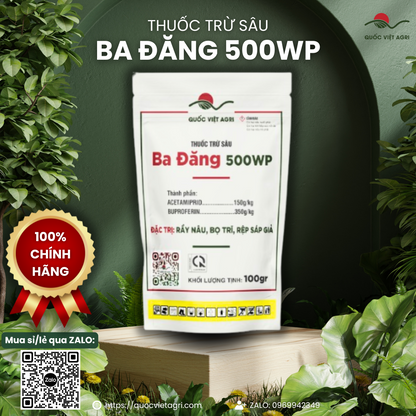  Mặt trước gói thuốc trừ sâu Ba Đăng 500WP 100g với thiết kế bao bì Metalize 3 lớp mới, sáng bóng và chắc chắn. Với cam kết chính hãng