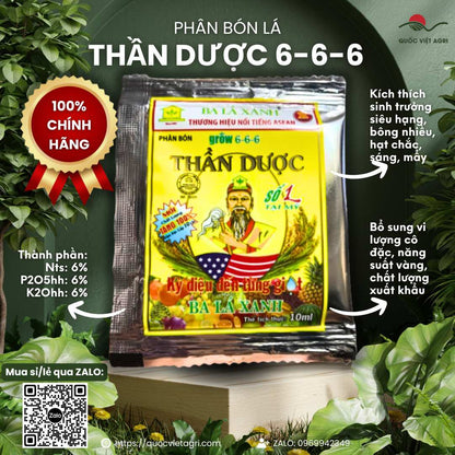 Mặt trước gói phân bón lá Thần Dược Grow 6-6-6, dung tích 10ml, nổi bật với công dụng phục hồi cây, sản phẩm công nghệ Mỹ.


