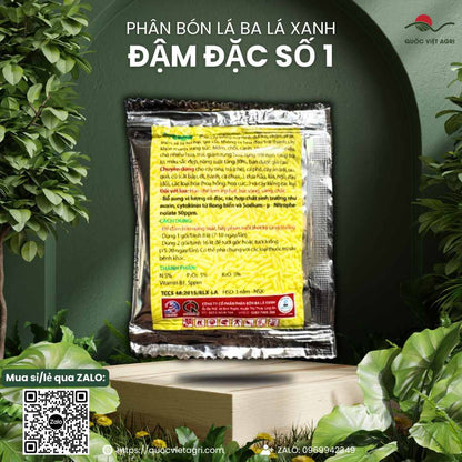 Mặt sau gói phân bón lá Thần Dược Ba Lá Xanh Số 1, hiển thị thông tin thành phần NPK, Vitamin B1 và hướng dẫn sử dụng.