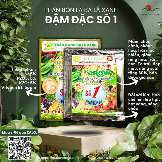 Mặt trước gói phân bón lá Thần Dược Ba Lá Xanh Số 1, dung tích 10ml, nổi bật với công dụng phục hồi cây.