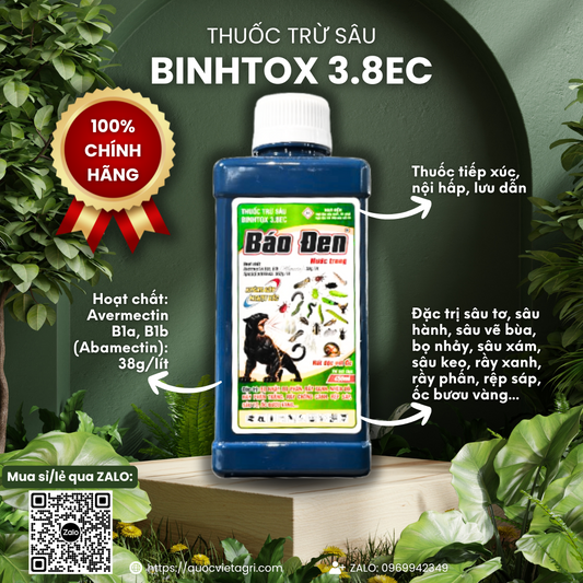 Mặt trước chai thuốc trừ sâu sinh học BINHTOX 3.8EC (BÁO ĐEN) 450ml, nhãn hiệu rõ ràng, sản phẩm của Quốc Việt Agri.