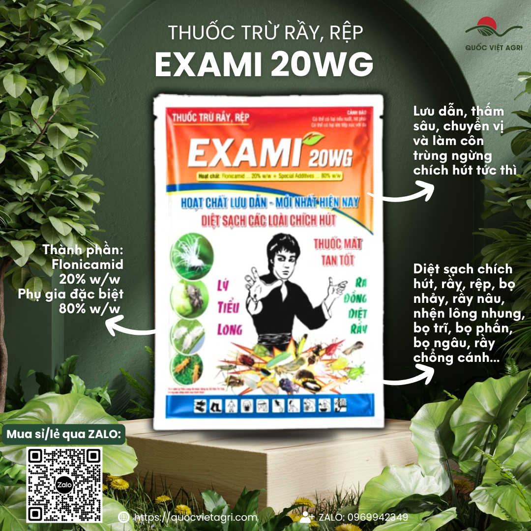  Gói thuốc trừ sâu Exami 20WG 25g, với bao bì hiện đại, chuyên nghiệp.