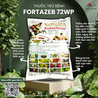 Mặt trước gói thuốc trừ bệnh Fortazeb 72WP (Napoleon Vàng) 1KG, chuyên dùng để đặc trị chết nhanh, thối rễ, sản phẩm công nghệ Pháp.

