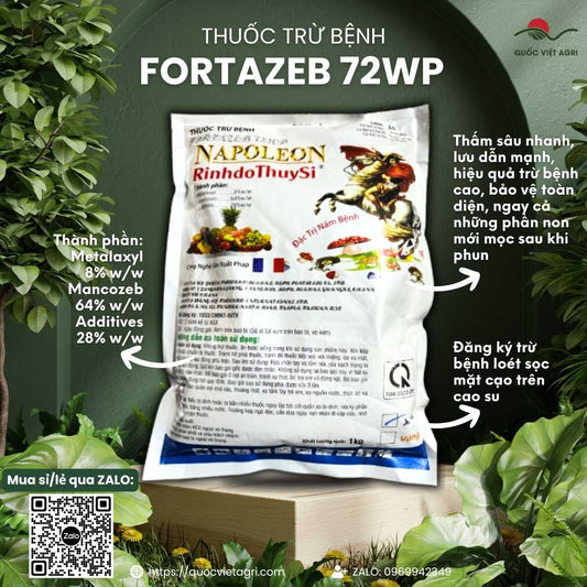 Mặt trước gói thuốc trừ bệnh Fortazeb Biorosamil 72WP (Napoleon Bột Xanh) 1KG, chuyên dùng để đặc trị nứt thân xì mủ, sản phẩm công nghệ Pháp.

