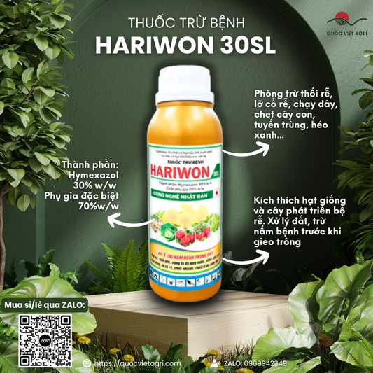 Chai thuốc trừ bệnh trong đất Hariwon 30SL dung tích 240ml, nổi bật với chữ "Số 1 trị nấm bệnh trong đất".