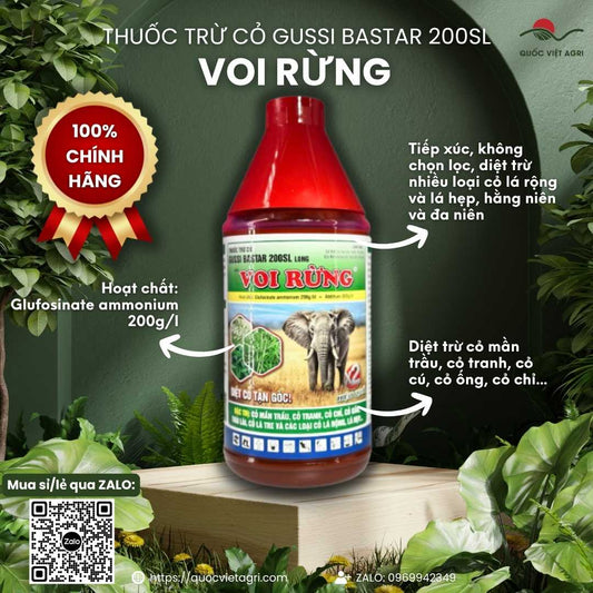 Mặt trước chai thuốc trừ cỏ Voi Rừng 200SL 900ml, chuyên dùng để khai hoang, diệt cỏ tranh, sản phẩm chính hãng của Quốc Việt Agri.

