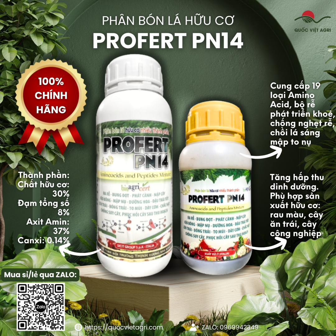 Hai chai phân bón hữu cơ Profert PN14, size 250ml và 450ml, đặt cạnh nhau.