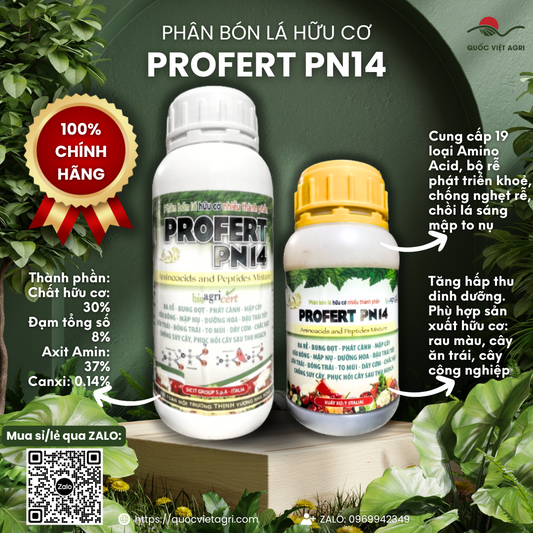 Hai chai phân bón hữu cơ Profert PN14, size 250ml và 450ml, đặt cạnh nhau.