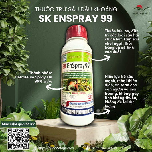 Mặt trước chai dầu khoáng hữu cơ SK Enspray 99EC 480ml, chuyên dùng để đặc trị nhện đỏ, sâu hồng, sản phẩm nhập khẩu từ Hàn Quốc.

