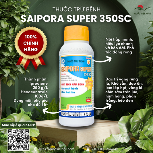 Chai thuốc trừ bệnh Saipora Super 350SC dung tích 500ml, nhãn mác rõ ràng, chuyên nghiệp.