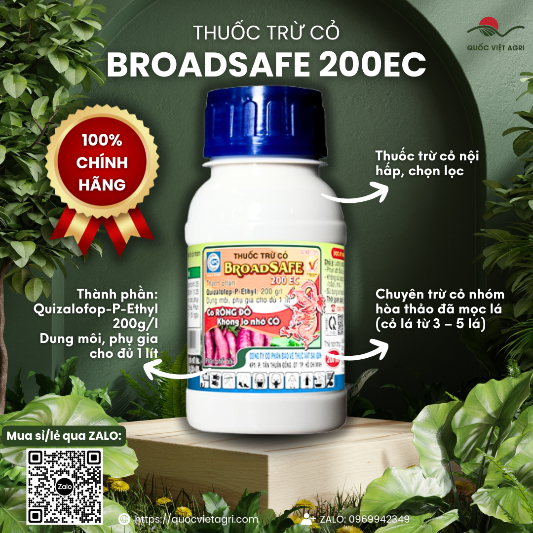 Chai thuốc trừ cỏ BROADSAFE 200EC 40ml, chuyên diệt cỏ hòa thảo hiệu quả trong rau màu.