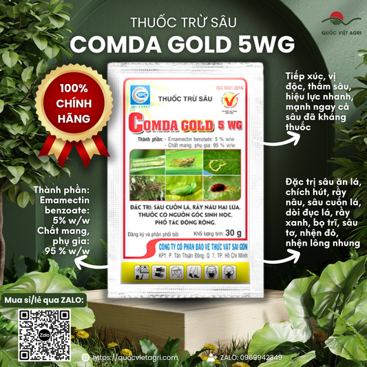 Gói thuốc trừ sâu COMDA GOLD 5WG 30g mặt trước, hiển thị thương hiệu, tên sản phẩm và công dụng chính rõ nét
