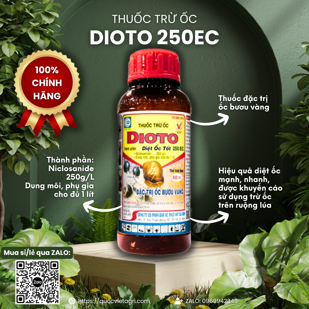 Chai thuốc trừ ốc DIOTO 250EC 480ml, đặc trị ốc bươu vàng, rõ thông tin thương hiệu và công dụng chính.