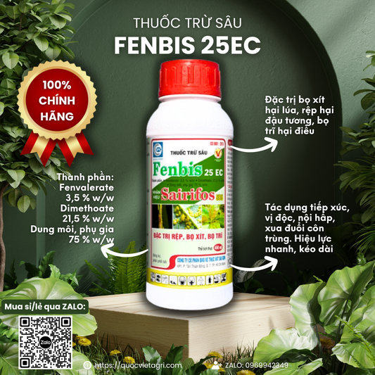 Mặt trước chai thuốc trừ sâu FENBIS 25EC 450ml, thể hiện thương hiệu, thành phần và công dụng rõ ràng.