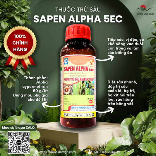 Mặt trước chai thuốc trừ sâu SAPEN ALPHA 5EC 480ml với thương hiệu, thành phần chính và công dụng rõ nét.
