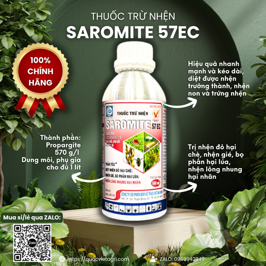 Mặt trước chai thuốc trừ nhện SAROMITE 57EC 500ml, rõ thương hiệu, hoạt chất và công dụng chính.