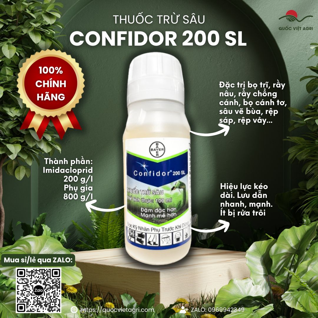 Mặt trước chai thuốc trừ sâu Confidor 200SL 100ml, chuyên dùng để đặc trị bọ trĩ, rầy nâu, sản phẩm chính hãng của Bayer.

