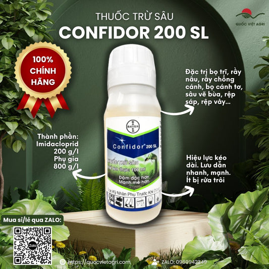 Mặt trước chai thuốc trừ sâu Confidor 200SL 100ml, chuyên dùng để đặc trị bọ trĩ, rầy nâu, sản phẩm chính hãng của Bayer.

