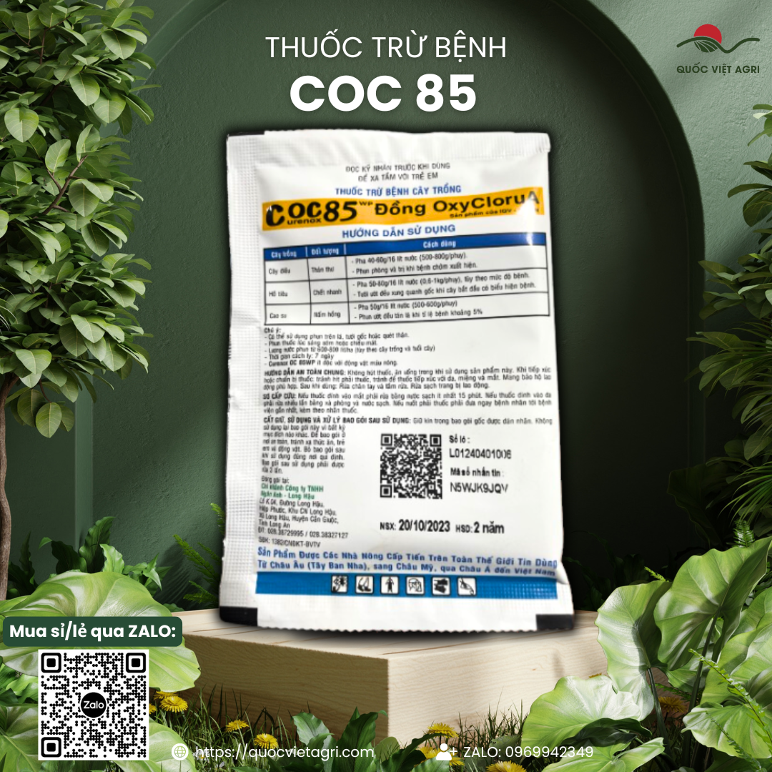 Mặt sau gói thuốc trừ bệnh COC 85 (Curenox OC 85WP) 20g, hiển thị rõ thông tin thành phần (Copper Oxychloride 85% w/w) và hướng dẫn sử dụng.