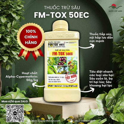 Mặt trước chai thuốc trừ sâu FM TOX 50EC 450ml, chứa Alpha-Cypermethrin 50g/kg, đặc trị sâu cuốn lá, bọ trĩ, sâu khoang.

