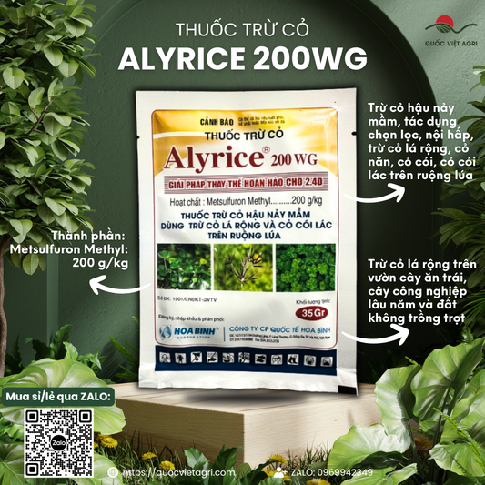 Mặt trước gói thuốc trừ cỏ Alyrice 200WG, trọng lượng 35g.