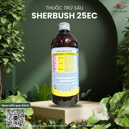 Mặt sau chai thuốc trừ sâu Sherbush 25EC 450ml với thông tin thành phần hoạt chất Cypermethrin và hướng dẫn sử dụng chi tiết.

