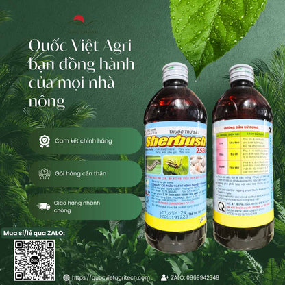 Hình ảnh tổng quan sản phẩm thuốc trừ sâu Sherbush 25EC 450ml, giải pháp diệt trừ sâu hại tức thì cho lúa, cà phê, điều từ Quốc Việt Agri.

