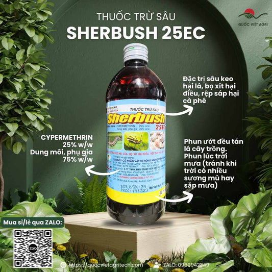 Mặt trước chai thuốc trừ sâu Sherbush 25EC, dung tích 450ml, chuyên dùng để diệt trừ sâu keo, bọ xít, sản phẩm chính hãng của Quốc Việt Agri.

