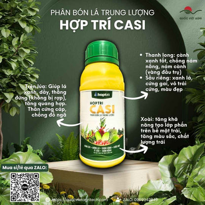 Mặt trước chai phân bón lá HỢP TRÍ CASI 500ml, chứa Canxi và Silic, chuyên cứng cây, chống đổ ngã, chống nứt trái.

