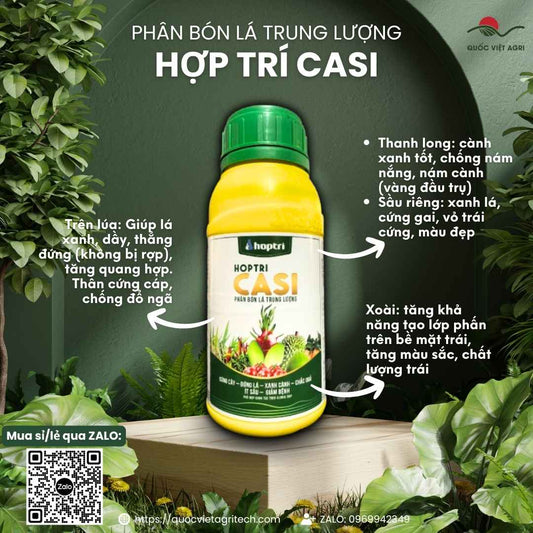 Mặt trước chai phân bón lá HỢP TRÍ CASI 500ml, chứa Canxi và Silic, chuyên cứng cây, chống đổ ngã, chống nứt trái.

