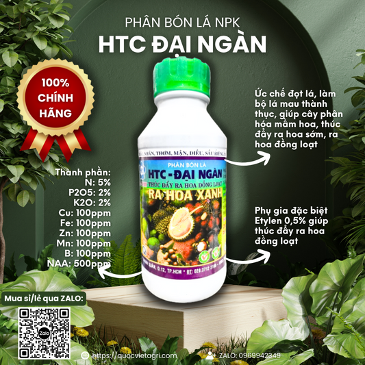  Mặt trước chai phân bón lá RA HOA XANH HPC 97 (HTC Đại Ngàn) 500ml, nhãn hiệu rõ ràng, chuyên dùng kích ra hoa đồng loạt, sản phẩm của Quốc Việt Agri.