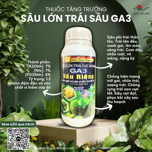 Mặt trước chai phân bón SIÊU LỚN TRÁI SẦU RIÊNG (HORIH XANH) 500ml, nhãn hiệu rõ ràng, chuyên dùng cho sầu riêng, sản phẩm của Quốc Việt Agri.