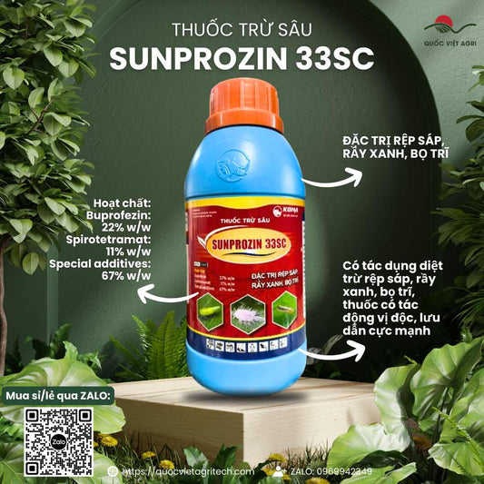 Mặt trước chai thuốc trừ sâu Sunprozin 33SC 200ml, chuyên dùng để đặc trị rệp sáp, rầy xanh, sản phẩm chính hãng của Quốc Việt Agri.