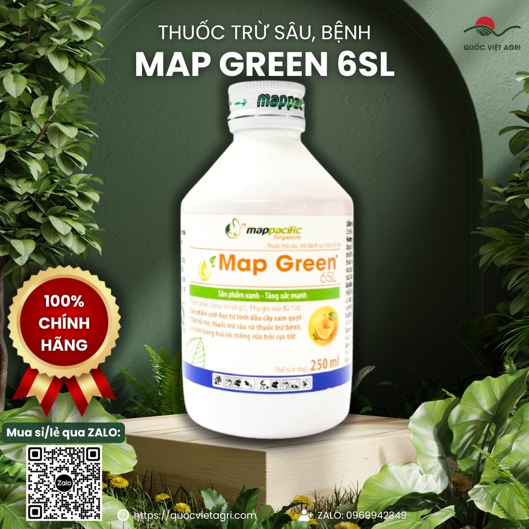  Chai thuốc trừ sâu bệnh sinh học Map Green 6SL 250ml, nổi bật với hình ảnh quả cam và lá xanh.
