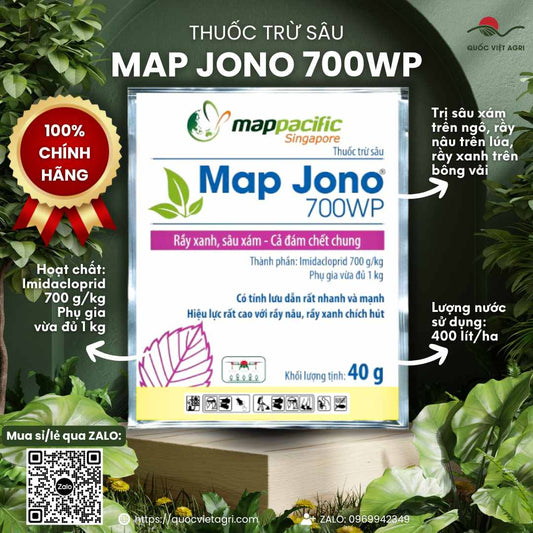 Gói thuốc trừ sâu Map Jono 700WP 40g, với thiết kế bao bì chuyên nghiệp của Map Pacific.