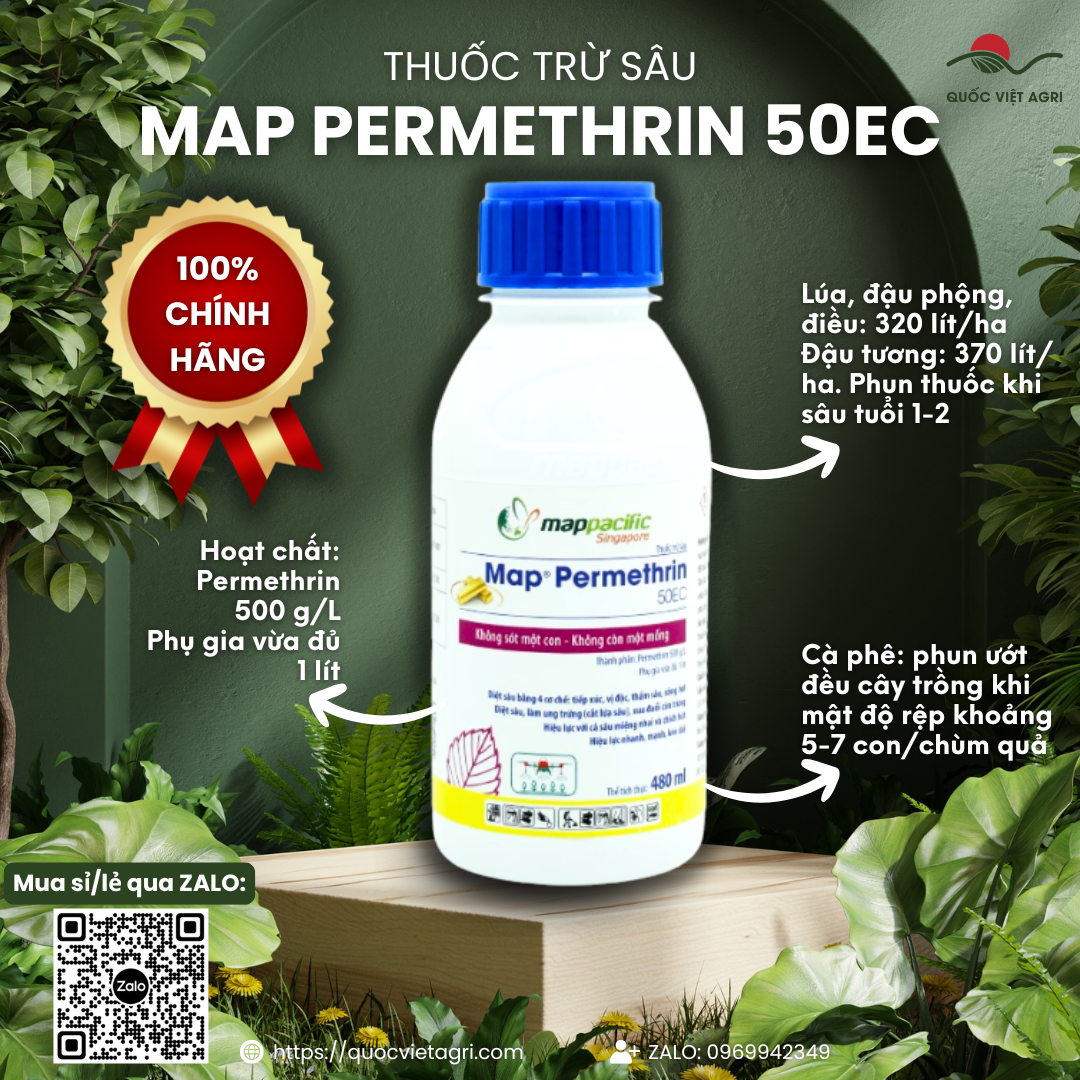  Chai thuốc trừ sâu Map Permethrin 50EC, dung tích 480ml, với logo Map Pacific nổi bật.