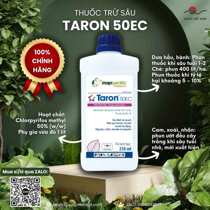 Chai thuốc trừ sâu Taron 50EC, dung tích 250ml, với thiết kế bao bì chuyên nghiệp của Map Pacific.