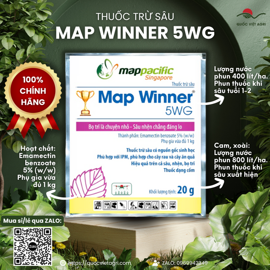 Bao bì thuốc MAP WINNER 5WG 20g – mặt trước hiển thị thương hiệu và hoạt chất Emamectin.