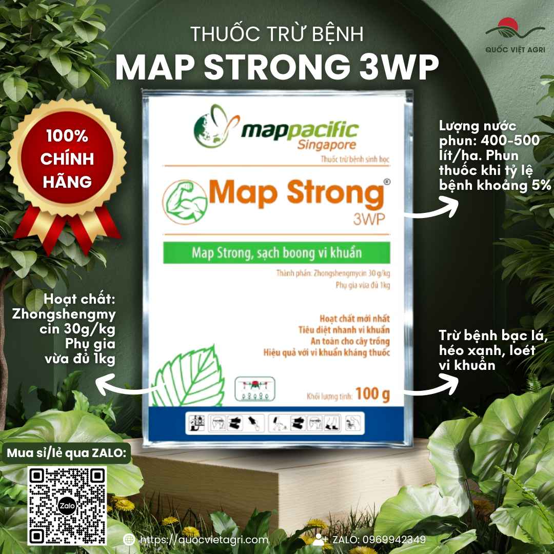 Gói thuốc trừ khuẩn sinh học Map Strong 3WP 100g, với thiết kế bao bì chuyên nghiệp của Map Pacific.